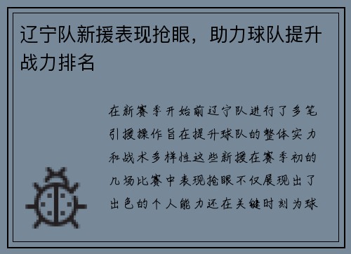 辽宁队新援表现抢眼，助力球队提升战力排名